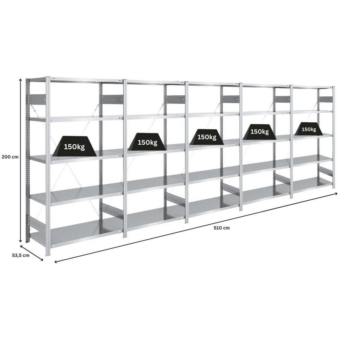 SCHWERLASTREGAL Silver Mamba 200x500x50cm 5 Ebenen je 150kg Fachlast Verzinkt - Silberfarben, Metall (500/200/50cm) - PROREGAL