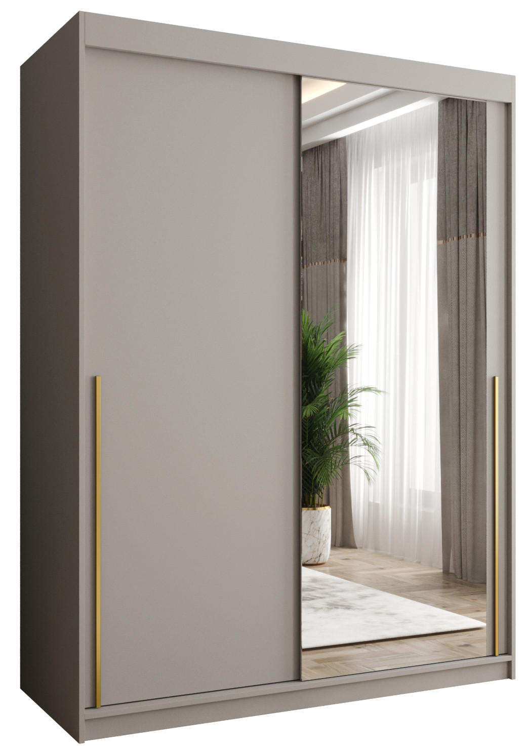 SCHIEBETÜRENSCHRANK mit Spiegel 150 cm Breite Kaschmir mit Goldgriff - Kaschmir/Goldfarben, Holzwerkstoff (250/200/62cm) - Home Collective