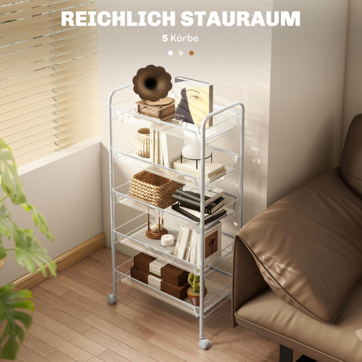 KÜCHENWAGEN MIT 5 DRAHTKÖRBEN, Stahl, Weiß, Für Küche Und Bad, 45/106/26,5 cm - Weiß, Holzwerkstoff (26.5/106/45cm) - Rolipo