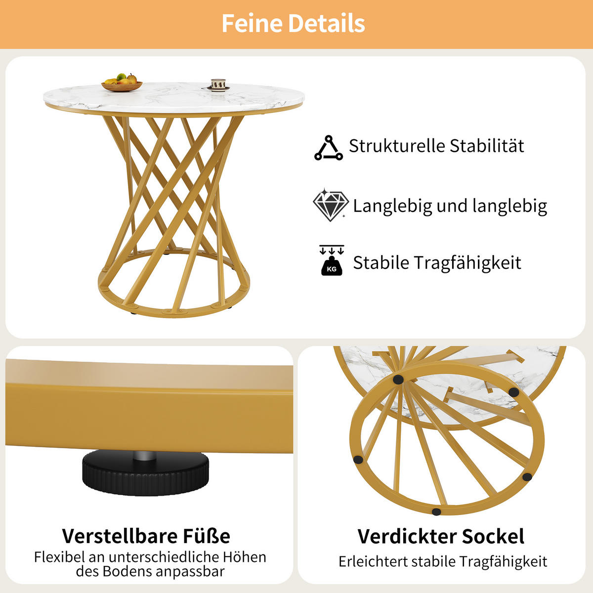 ESSTISCH 80/80/76 cm Weiß Gold runder Tisch mit marmorierter MDF-Platte und Metallbeinen - Goldfarben, Holzwerkstoff (80/80/76cm) - OKWISH