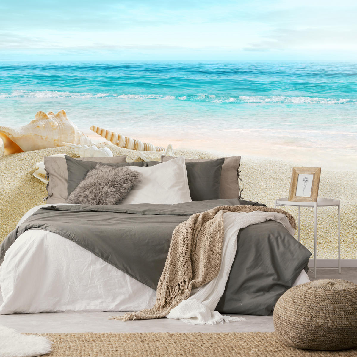 FOTOTAPETE für Badezimmer Muscheln Strand Sand Wellen Meer 150x105 - Beige/Weiß, Papier (150/105cm) - Muralo