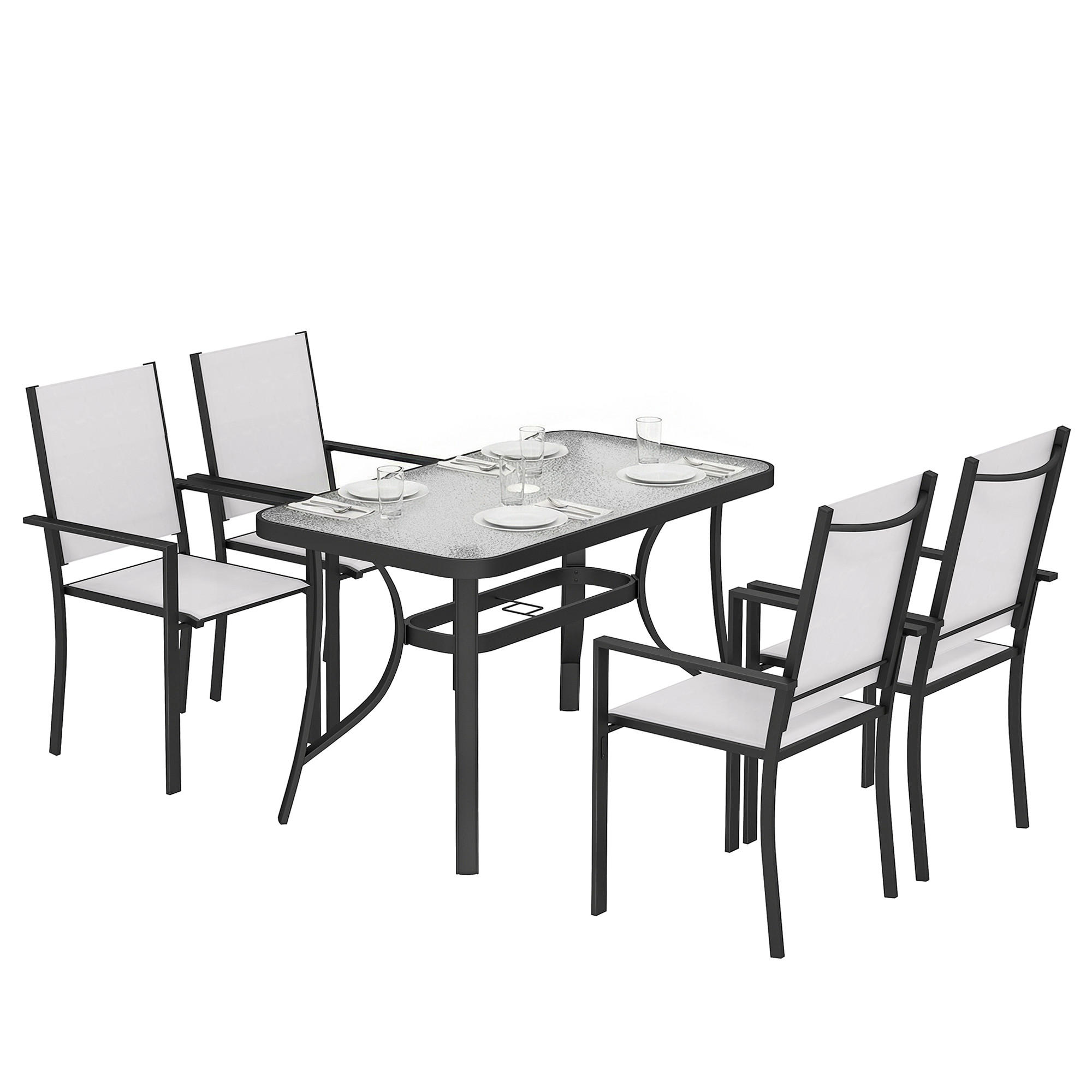 GARTEN-SET 5-teilig,4 stapelbare Stühle+Glastisch mit Schirmloch,hellgrau - Grau, Metall - Vallsero