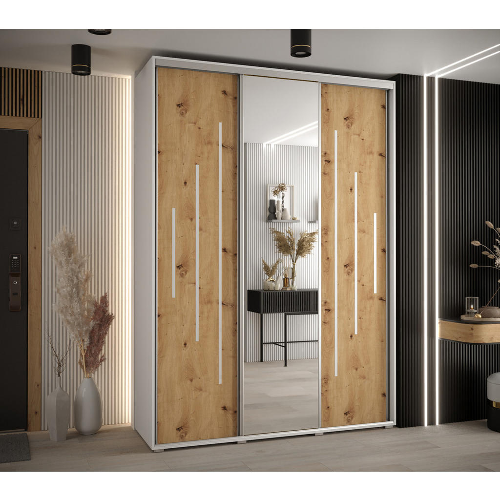 Thumbnail - Abiks Möbel Schwebetürenschrank, Weiß, Eiche Artisan, Silber, Metall, Nachbildung, 6 Fächer, 170x235x60 cm, Schlafzimmer...
