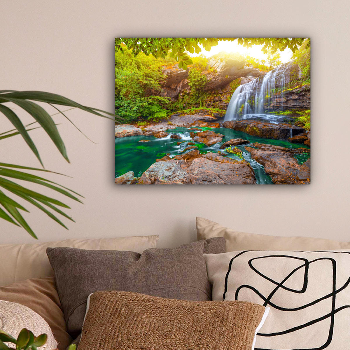 LEINWANDBILD Natur - Wasserfall - Pflanzen - Bäume - Sonne 40x30 cm - Olivgrün, Textil (40/30cm) - MuchoWow