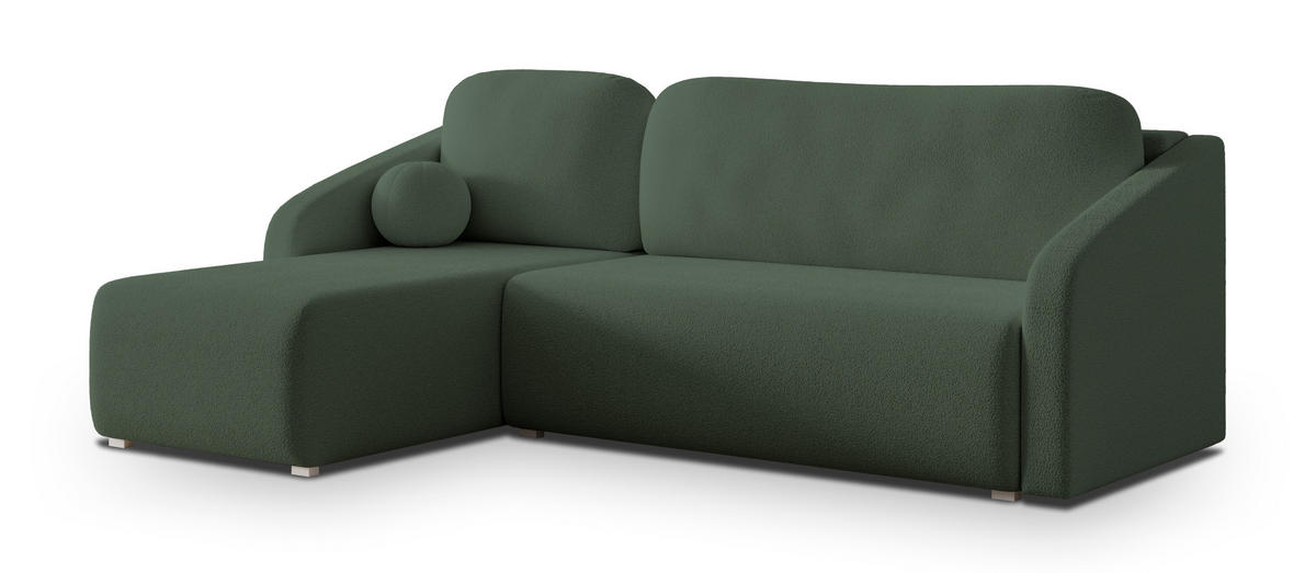 ECKSOFA MARELLO Grün Boucle-Stoff mit Schlaffunktion - Grün, Holz (220/143cm) - MASSENO