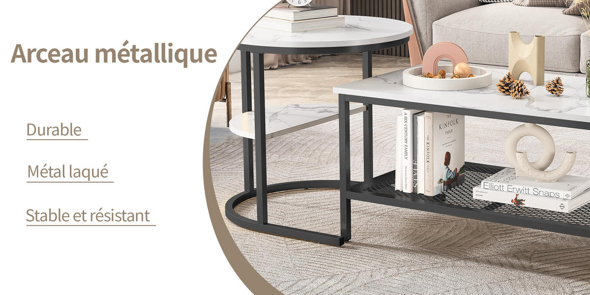 COUCHTISCH satz marmoroptik weiß schwarzgestell modern - Multicolor, Metall (80/46/41cm) - SHOPENTRA