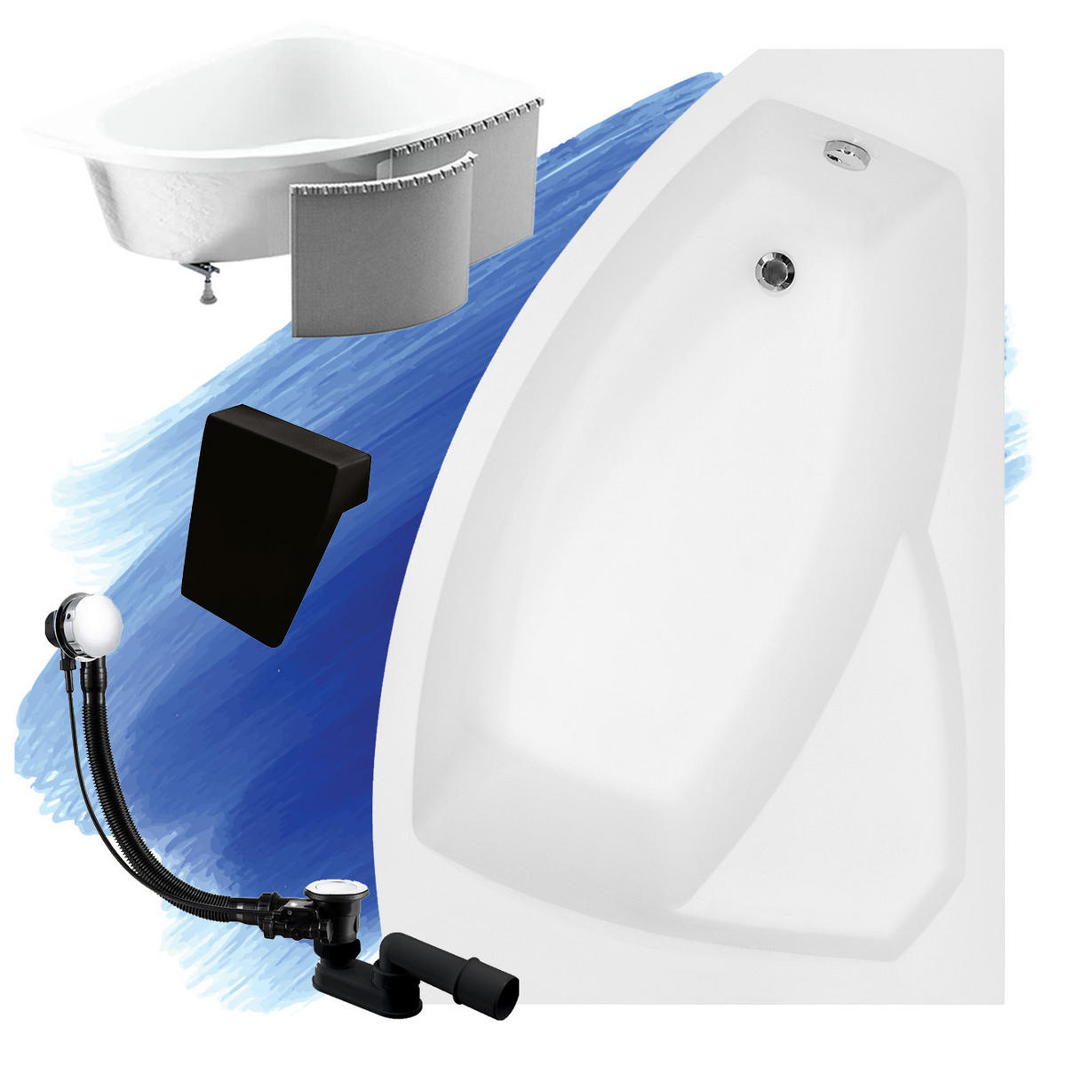 BADEWANNE Eckwanne RIMA 170/110 Rechts mit Styro und schwarzer Kopfstützen Ablauf Füße - Weiß, Kunststoff (110/58.5/170cm) - bad land