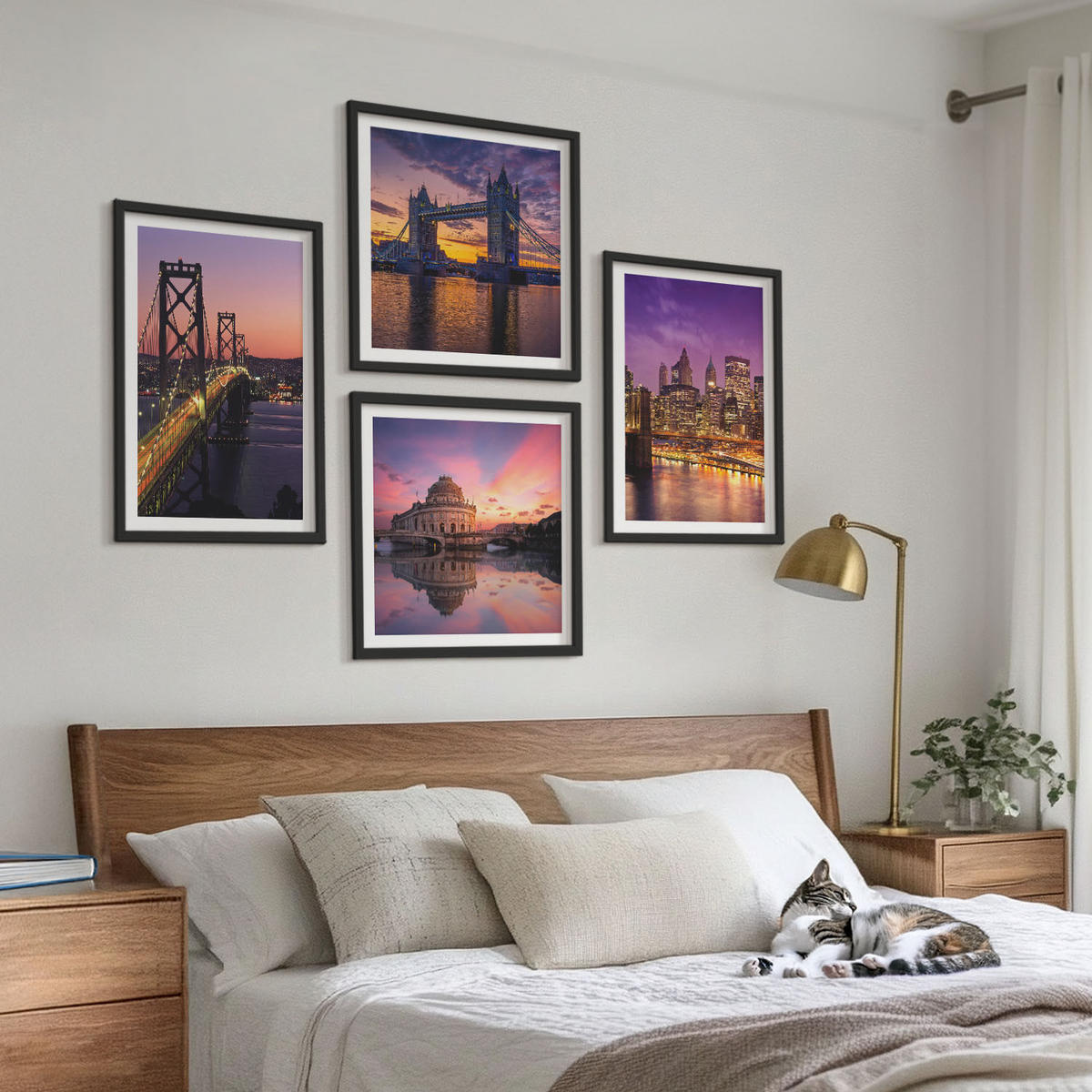 BILDER SET 4er Set - 50x50 cm & 40x60 cm Schwarzer Rahmen - Brücken, Sonne, Stadtblick - Schwarz, Kunststoff (50/50cm) - TULUP