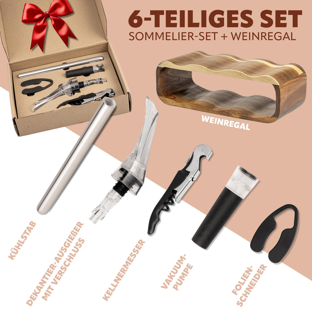 WEINREGAL-SET 6tlg, Akazienholz - Akaziefarben, Holz (38/12.5/16cm) - eluno
