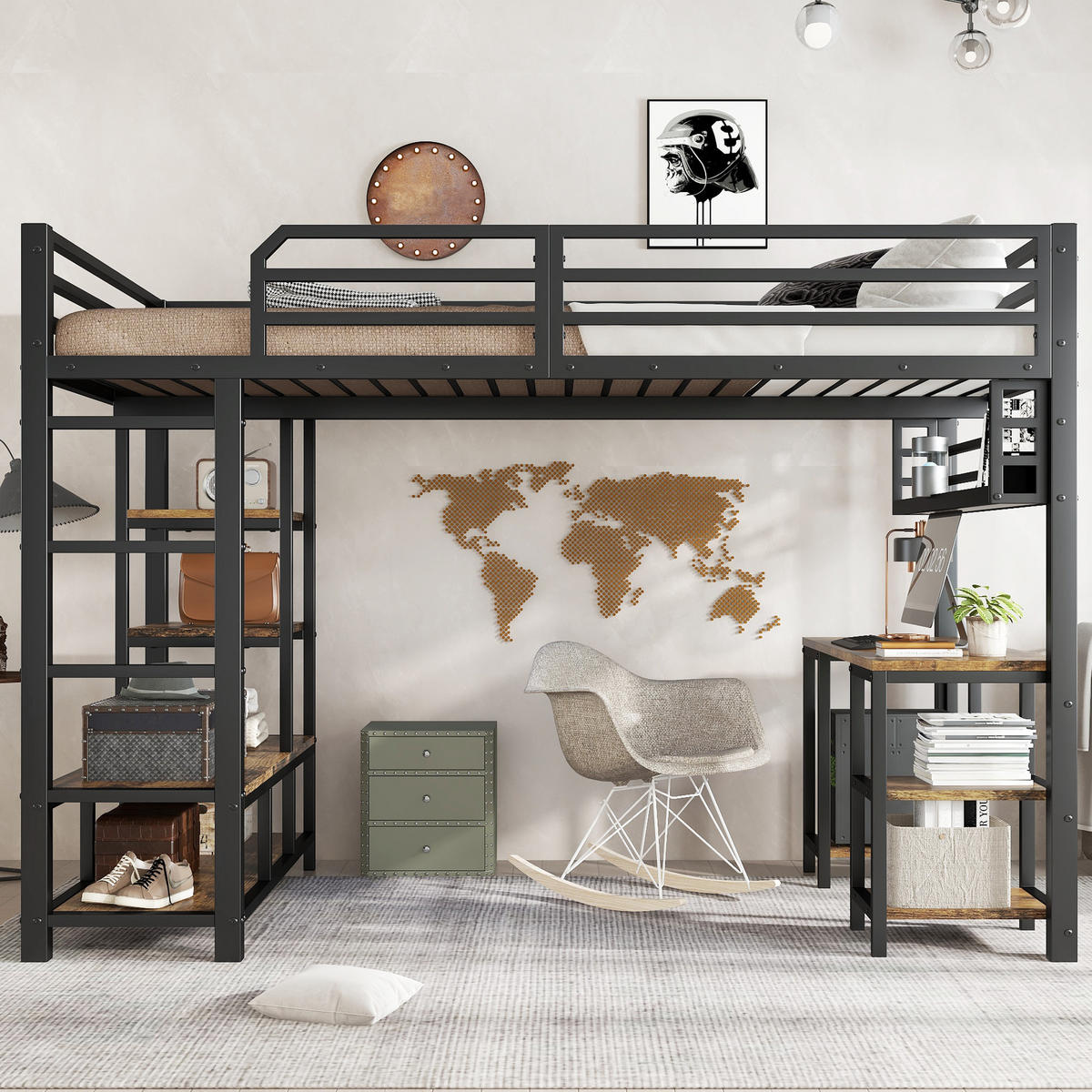 HOCHBETT 120/200 cm in Schwarz & Dunkelwalnuss mit Schreibtisch, Ablage und Leiter - Schwarz, Holzwerkstoff/Metall (120/200cm) - CHICFURN