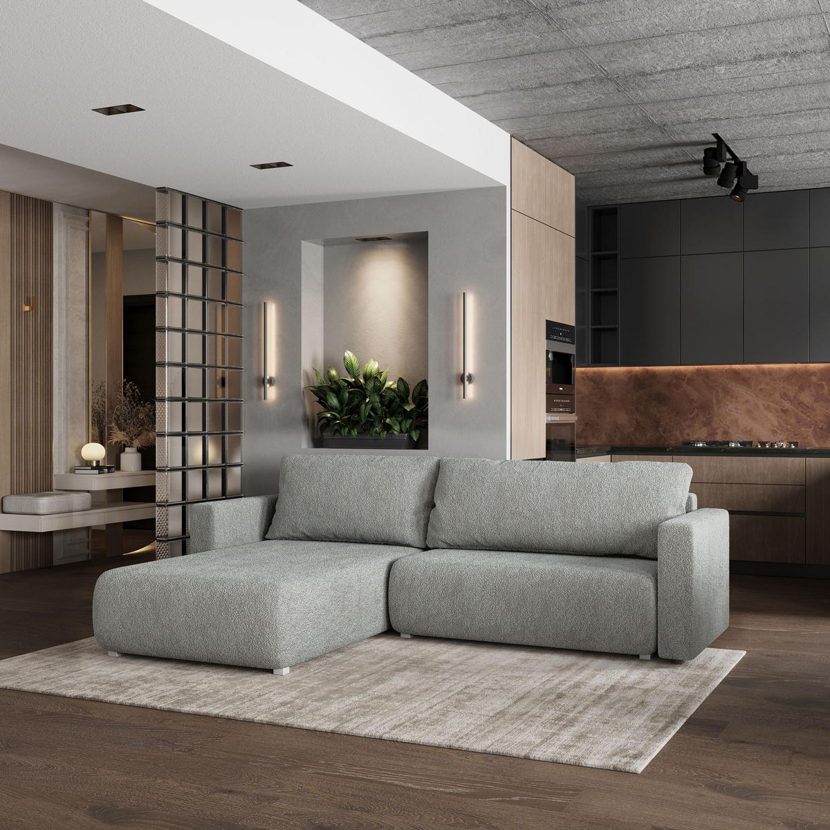 ROHOVÁ SEDAČKA TURIN světle šedá - šedá/světle šedá, dřevo/textil (265/183cm) - MASSENO