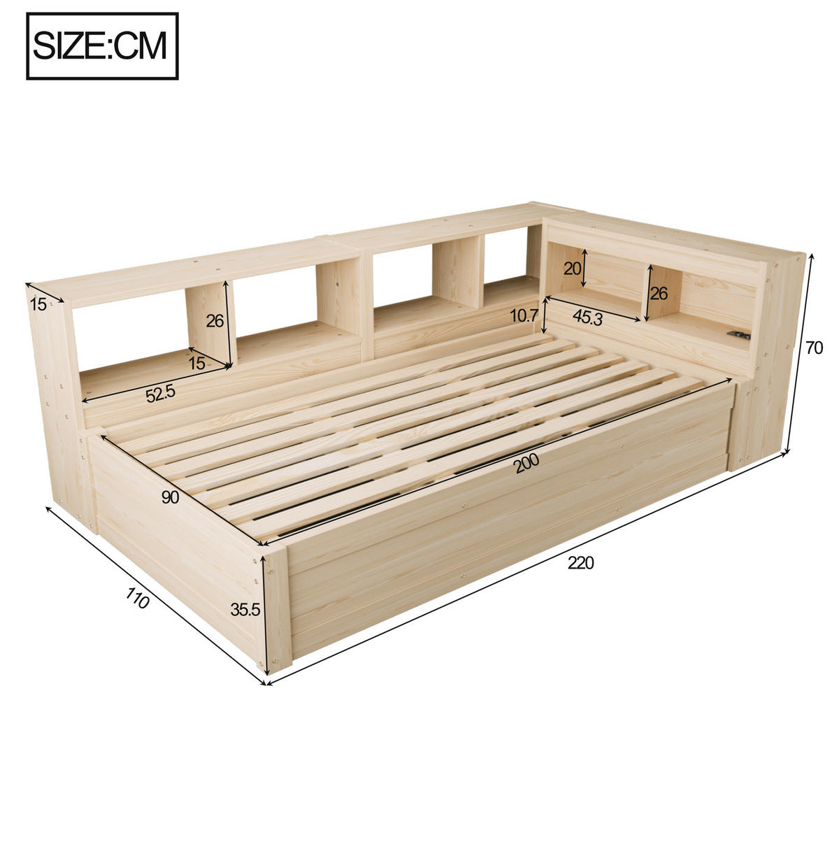 MULTIFUNKČNÍ postel 90/200 cm s hydraulickým úložným prostorem, LED osvětlením a zásuvkou, MDF, přírodní dřevo - přírodní, kompozitní dřevo (90/200cm) - Redom