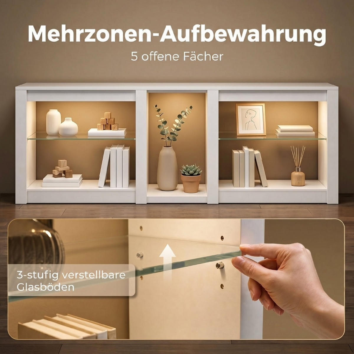 LOWBOARD DE-40503 Verstellbare Glasböden mit RGB-LED Weiß - Weiß, Holzwerkstoff (160/52/35cm) - ComfortXL