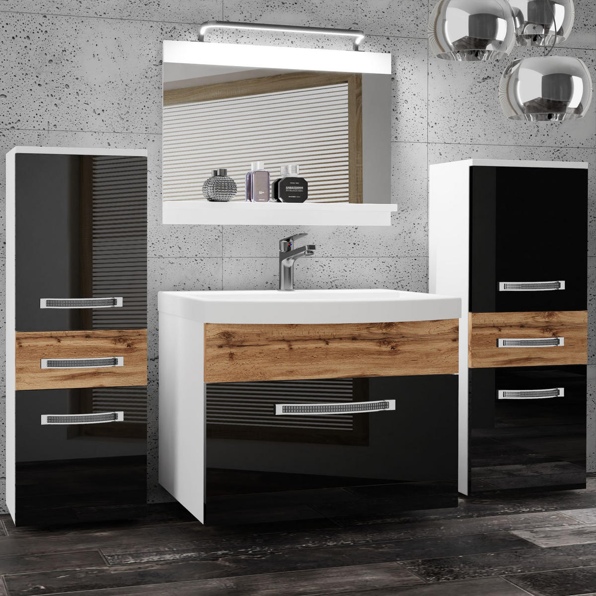 BADMÖBEL Badezimmer Schwarz Eiche Wotan Glänzend Matt - Eiche Wotan/Schwarz, Holz (140/81/40cm) - B BELINI GROUP