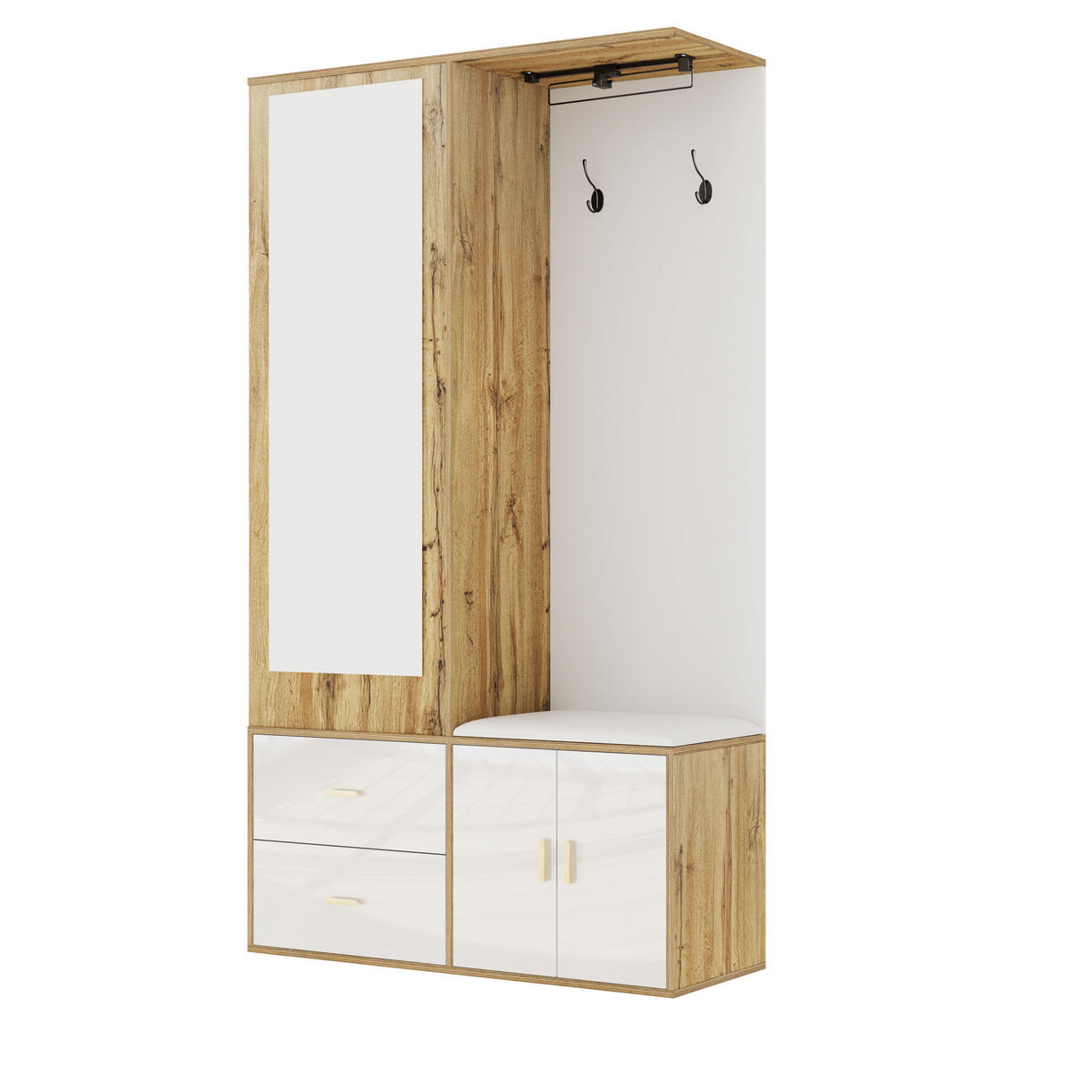 GARDEROBE-SET in Weiß und Naturfarben Garderobenschrank mit Spiegel und Schuhbank für Flur, B100/T38/H180 cm - Weiß/Naturfarben, Glas/Holzwerkstoff (100/180/38cm) - STILVORA