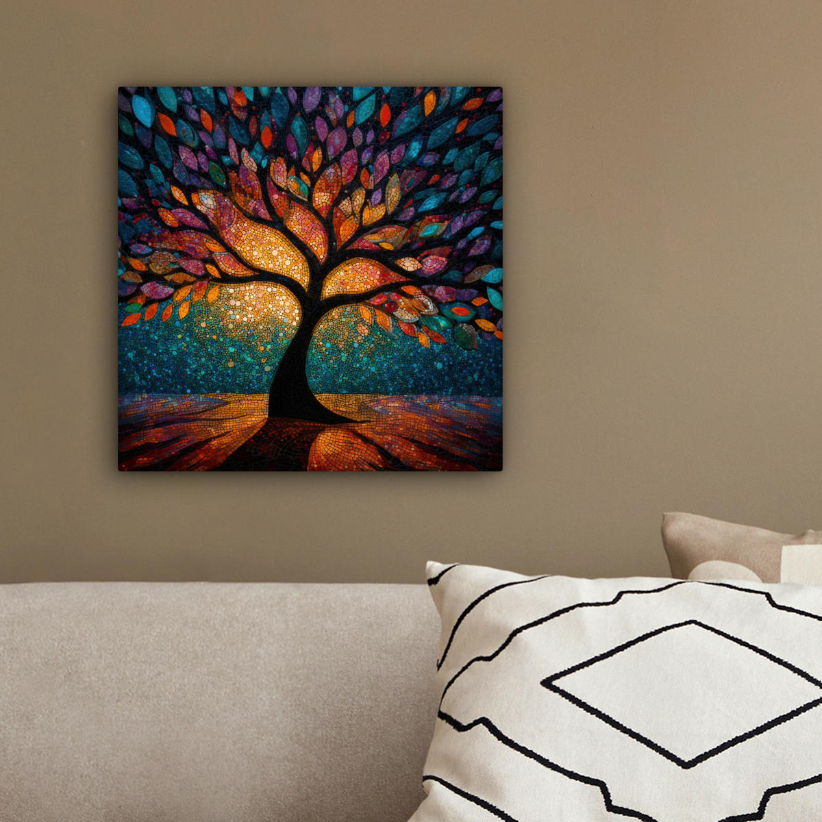 LEINWANDBILD Mosaik - Bunt - Baum - Äste Deko Wohnzimmer 20x20 cm - Multicolor, Textil (20/20cm) - MuchoWow