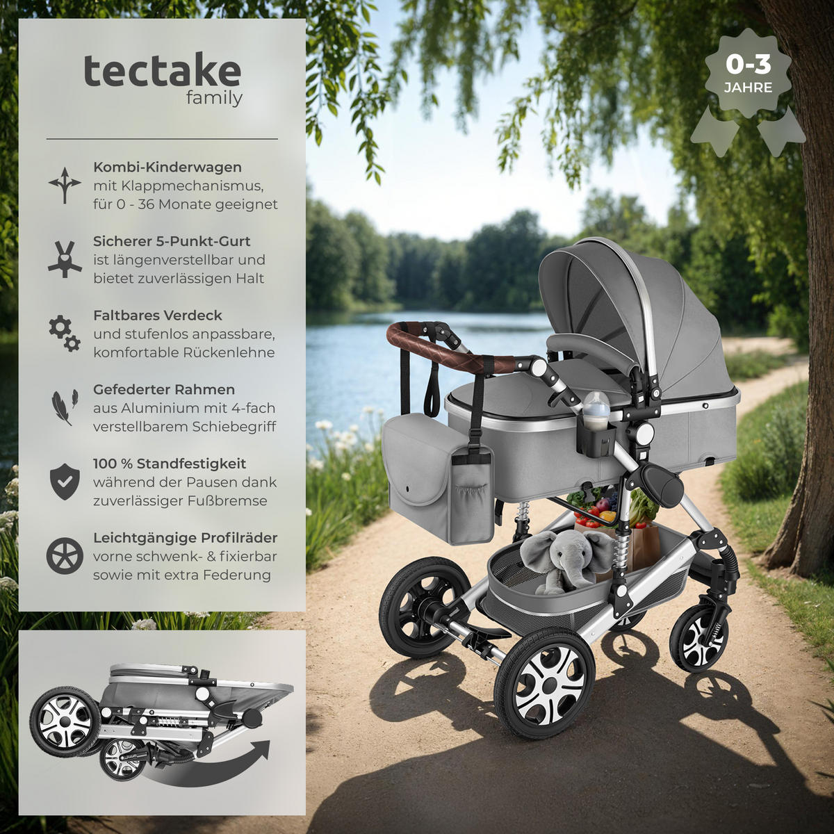 KOMBI-KINDERWAGEN Mats,für 0 bis 36 Monate geeignet, Belastbarkeit 15 kg,grau - Grau, Kunststoff (100/63/120cm) - tectake