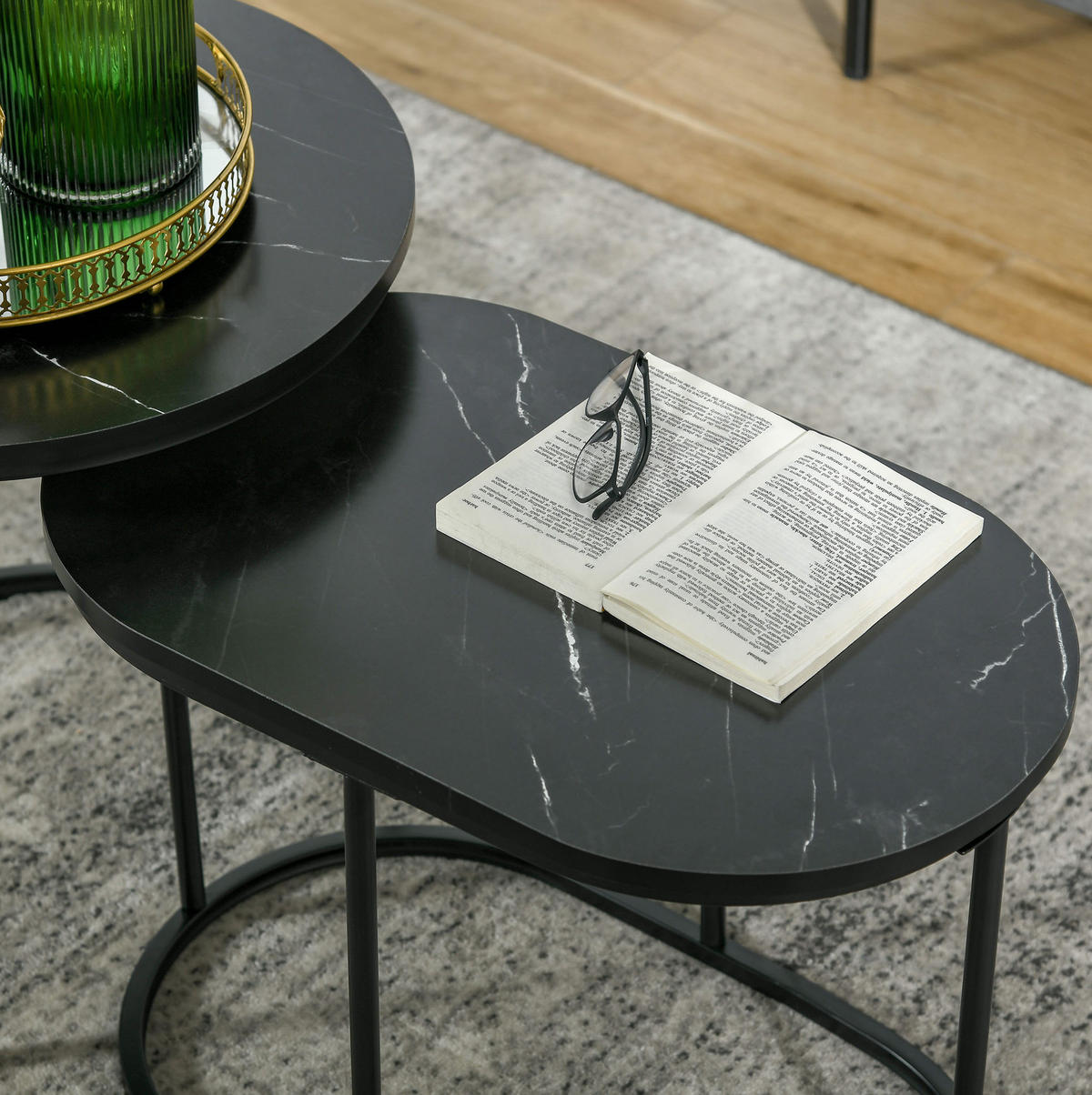 COUCHTISCH-SET 50/50/50,5 cm & 60/36/43,5 cm stapelbar mit verstellbaren Füßen und Marmoroptik, Schwarz - Schwarz, Metall (50/50/50.5cm) - Redom