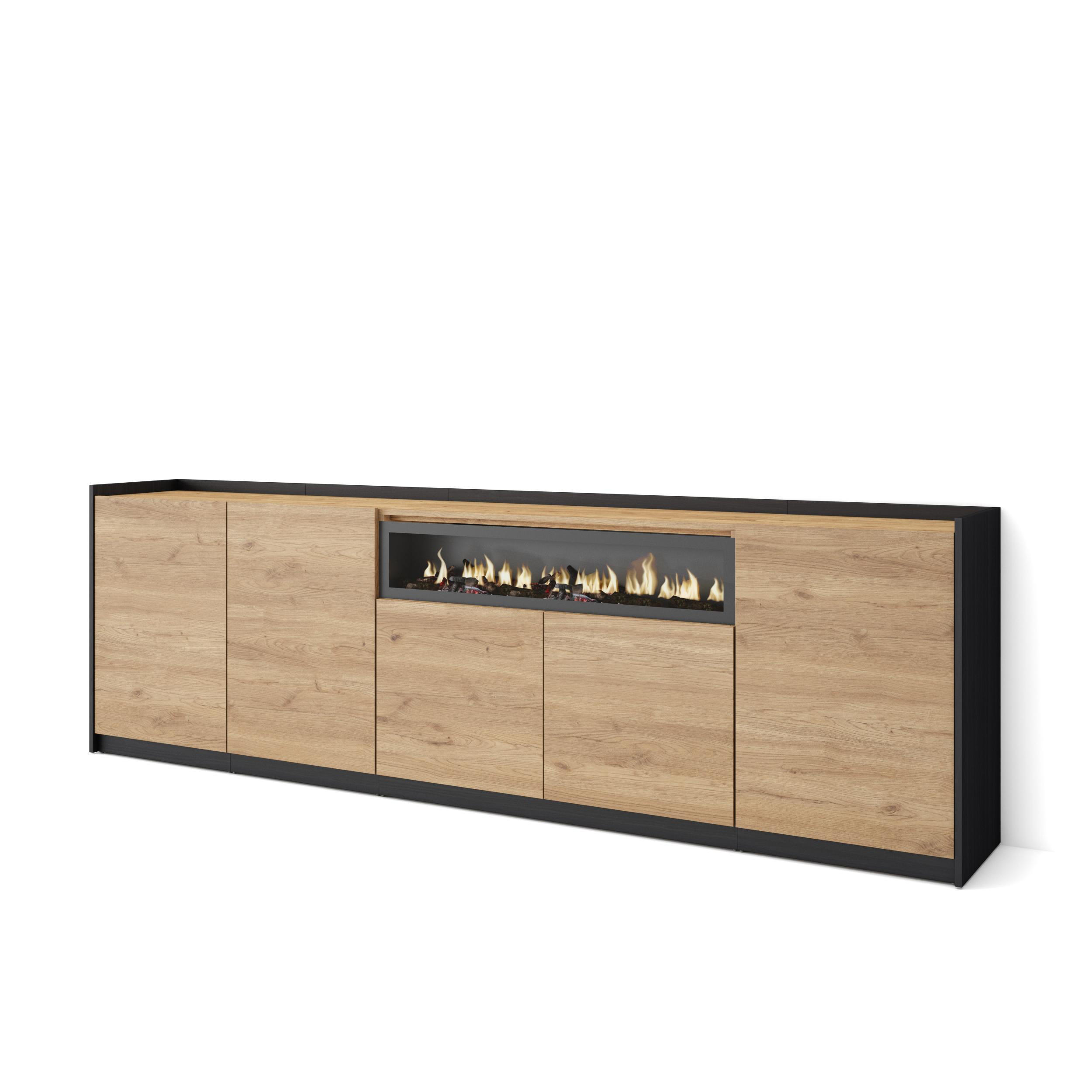 SIDEBOARD, Highboard, Eiche Schwarz, Elektrokamin, 260/37/80cm - Eichefarben, Holzwerkstoff (260/80/37cm) - Skraut Home