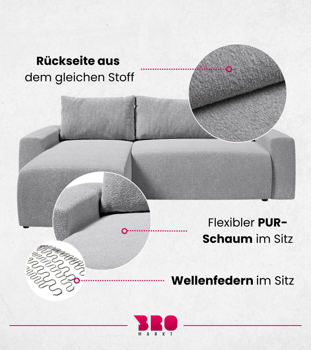 ECKSOFA PLUSH mit Schlaffunktion Grau Boucle - Hellgrau, Textil (240/145cm) - Bromarkt