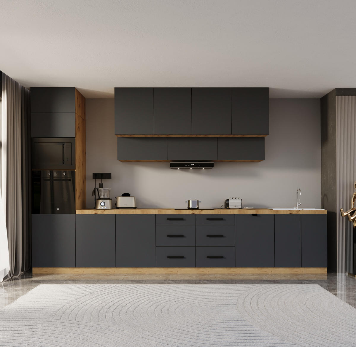 KÜCHENZEILE 440 cm - Langen KL8-M440 in Grau/Matt - Schwarz/Grau, Holz/Metall (440/248/58cm)