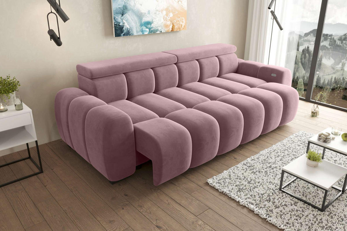 BIGSOFA ALESSIO Velours Rosa mit elektrischer Sitztiefenverstellung - Rosa, Kunststoff/Textil (248/77/108cm) - 99rooms