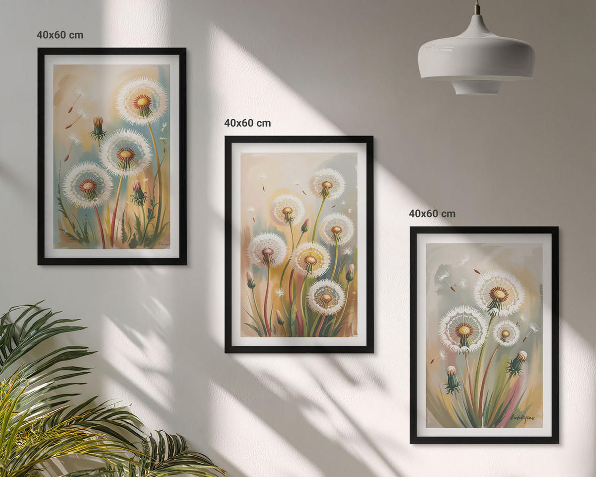 BILDER SET 3er Set - 40x60 cm Schwarzer Rahmen - Löwenzahnblüten, pastellfarbene Gräser - Schwarz, Kunststoff (40/60cm) - TULUP
