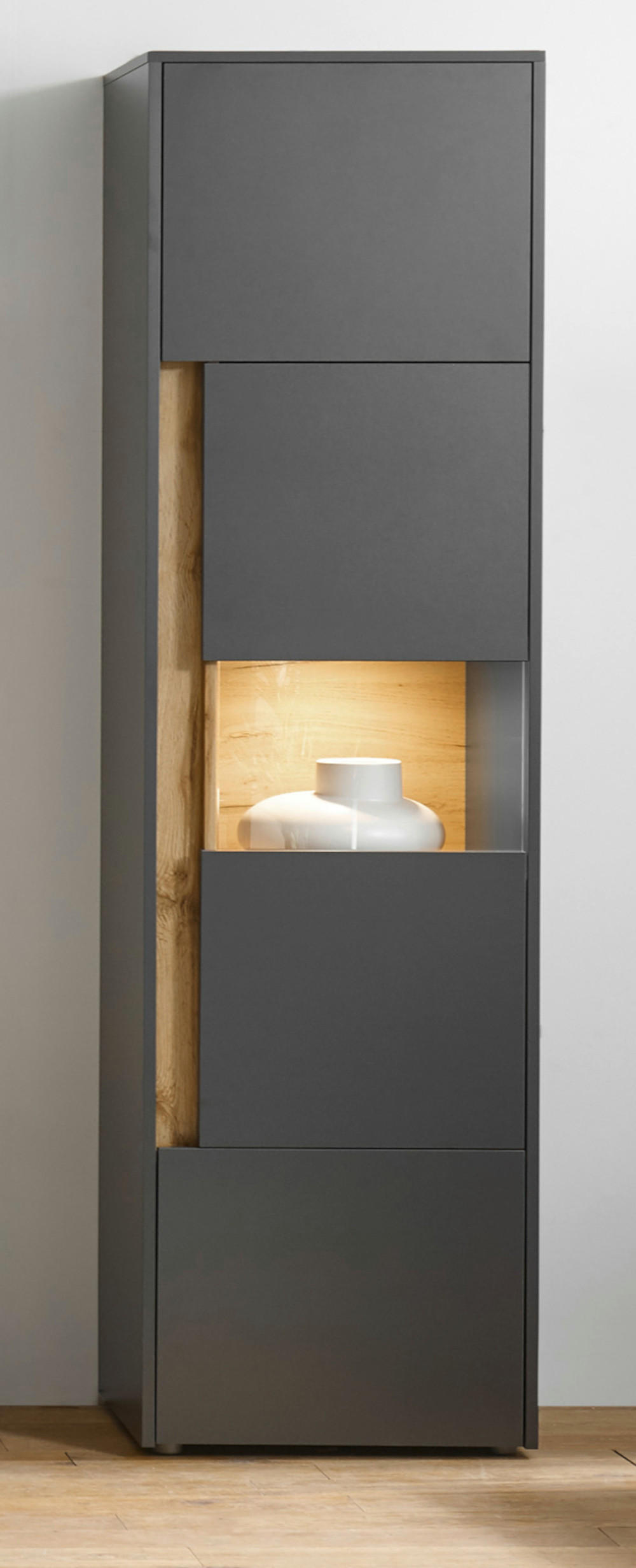 VITRINE grau matt, Eiche Wotan 50 x 197 cm, Vitrinenschrank 5 Fächer - Eiche Wotan/Schwarz, Glas/Holz (50/197/40cm) - Furn.Design