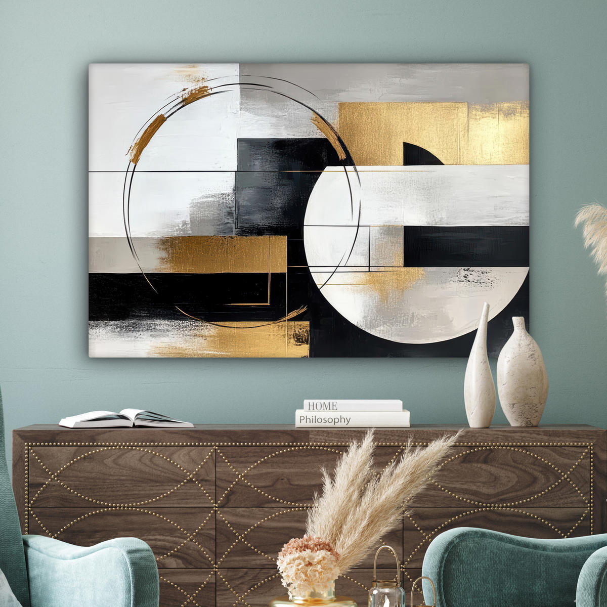 LEINWANDBILD - Abstrakt - Gold - Silber - Formen - Ästhetik - 120x80 - Kunstdruck - Multicolor, Textil (120/80cm) - MuchoWow