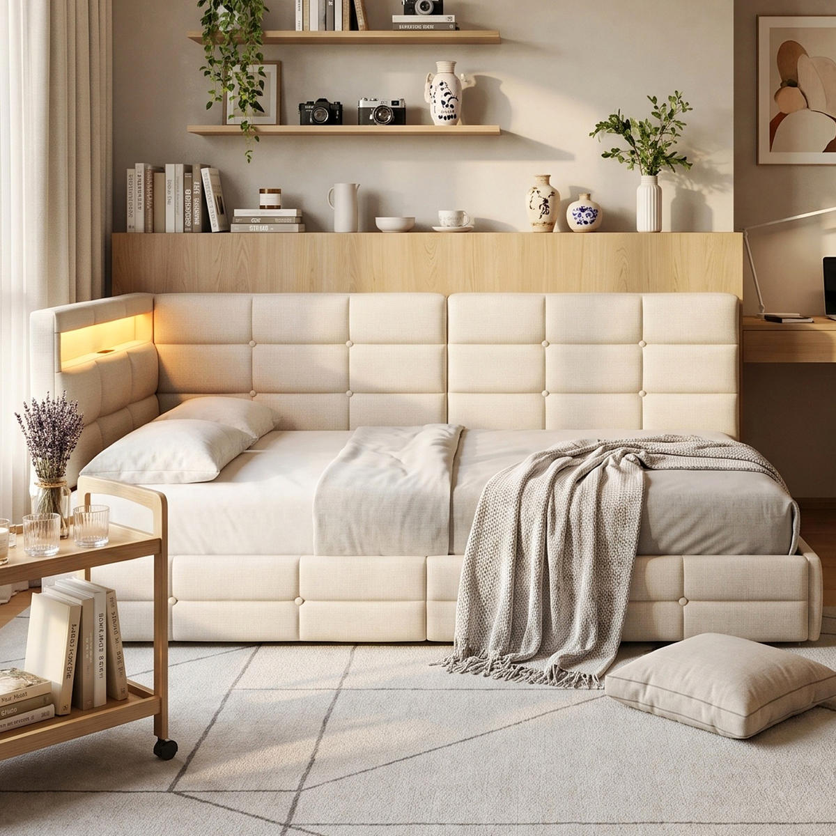 POLSTERBETT Reversibel 90/200 cm mit 2 Schubladen & RGB-LED Leinenoptik Beige - Beige, Textil (90/200cm) - Creahappy
