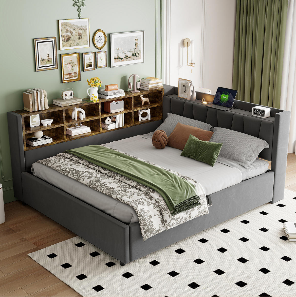 POLSTERBETT 140/200 cm aus Samtstoff mit Stauraum USB und Typ-C Dunkelgrau - Grau, Textil (140/200cm) - Modenvie