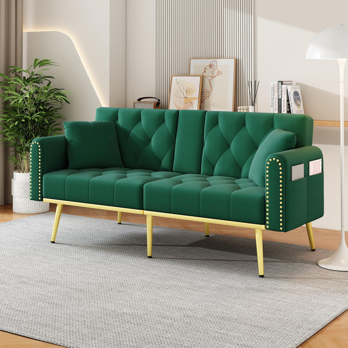 SCHLAFSOFA Samt mit verstellbarer Rückenlehne und Getränkehalter Grün 175/80/73,5 cm - Grün, Textil (73.5/175/80cm) - Redom