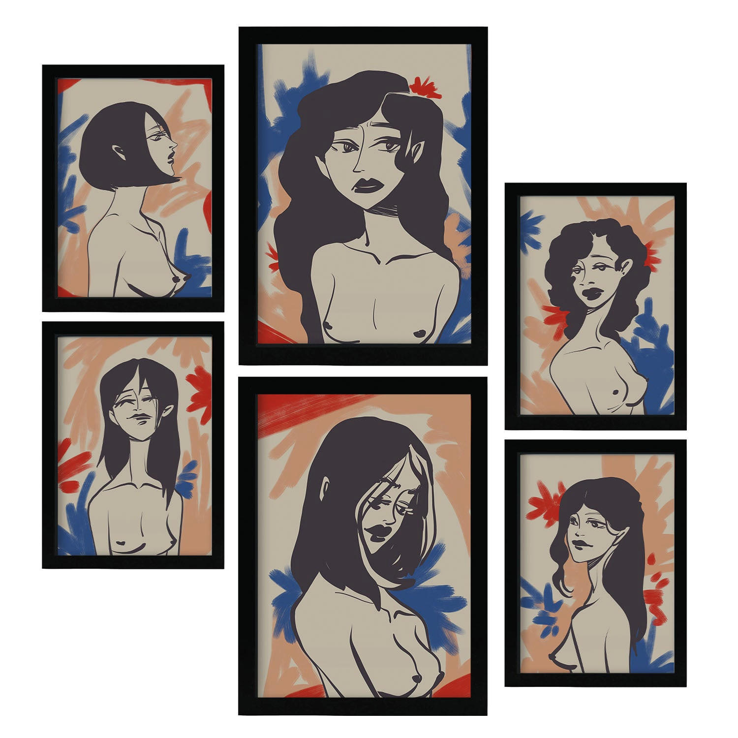 POSTER Set Mit 6 Faszinierende Schönheit In Weibliche Zusammenfassung Ästhetische Dekorative Gemälde Für Ihr Zuhause A3 & A4 Schwarzer Rahmen - Schwarz, Papier (29/3cm) - Nacnic