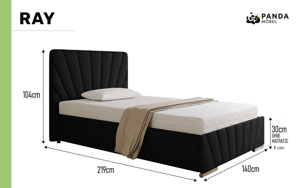 POLSTERBETT Ray 120 x 200 cm mit Bettkasten und Lattenrost taschenfederkernmatratze 19cm- schwarz - Schwarz, Holz (120/200cm) - Panda Möbel