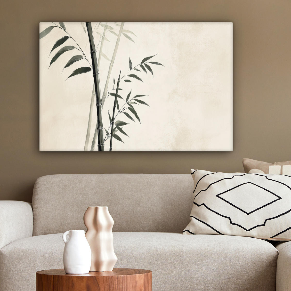 LEINWANDBILD Japandi - Bambus - Beige Gemälde 60x40 cm - Eukalyptusholzfarben, Textil (60/40cm) - MuchoWow