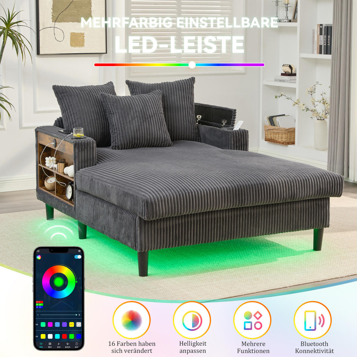 SCHLAFSOFA 129/170/70 cm aus Cord mit LED-Beleuchtung und USB-Anschluss Dunkelgrau - Dunkelgrau, Textil (170/70/129cm) - Modenvie