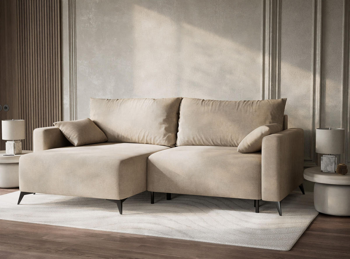 ECKSOFA MIT SCHLAFFUNKTION Leon Beige Webstoff - Beige/Schwarz, Holz/Holzwerkstoff (148/239cm) - Maison de Reve