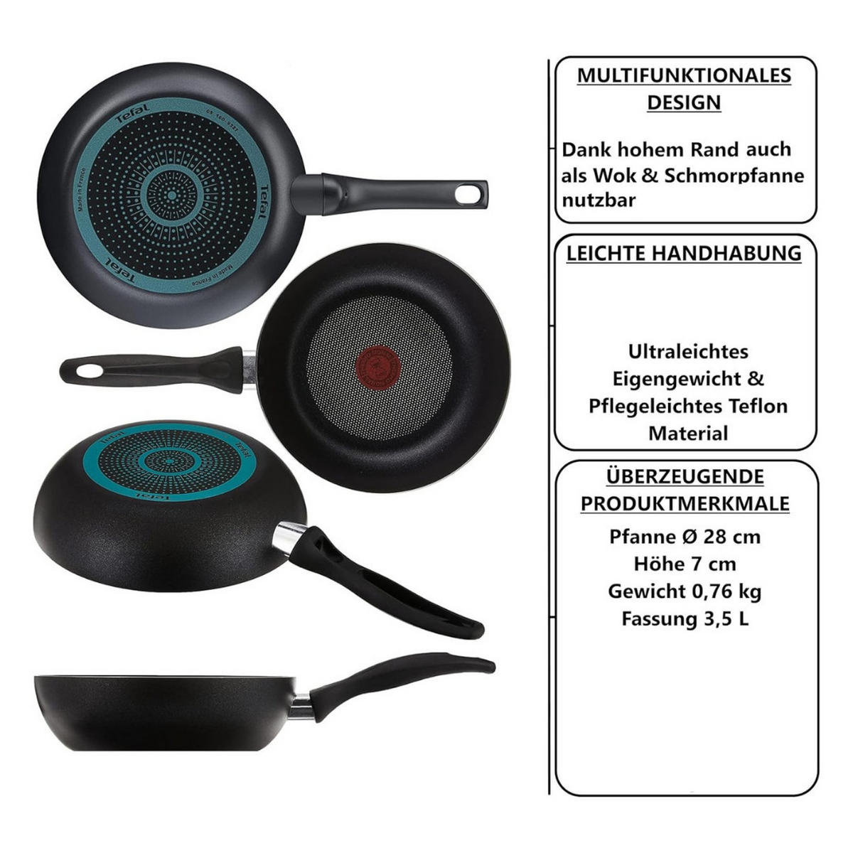 WOKPFANNE Cook & Clean 28 cm Schwarz Antihaftbeschichtung hoher Rand Thermo-Signal - Schwarz, Kunststoff/Metall (28cm) - Tefal