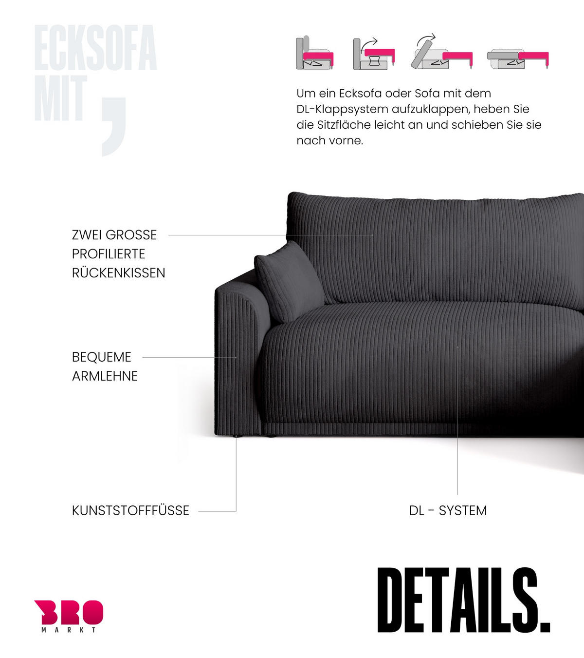 ECKSOFA MORENO mit Schlaffunktion Grau Cord - Grau, Textil (262/160cm) - Bromarkt