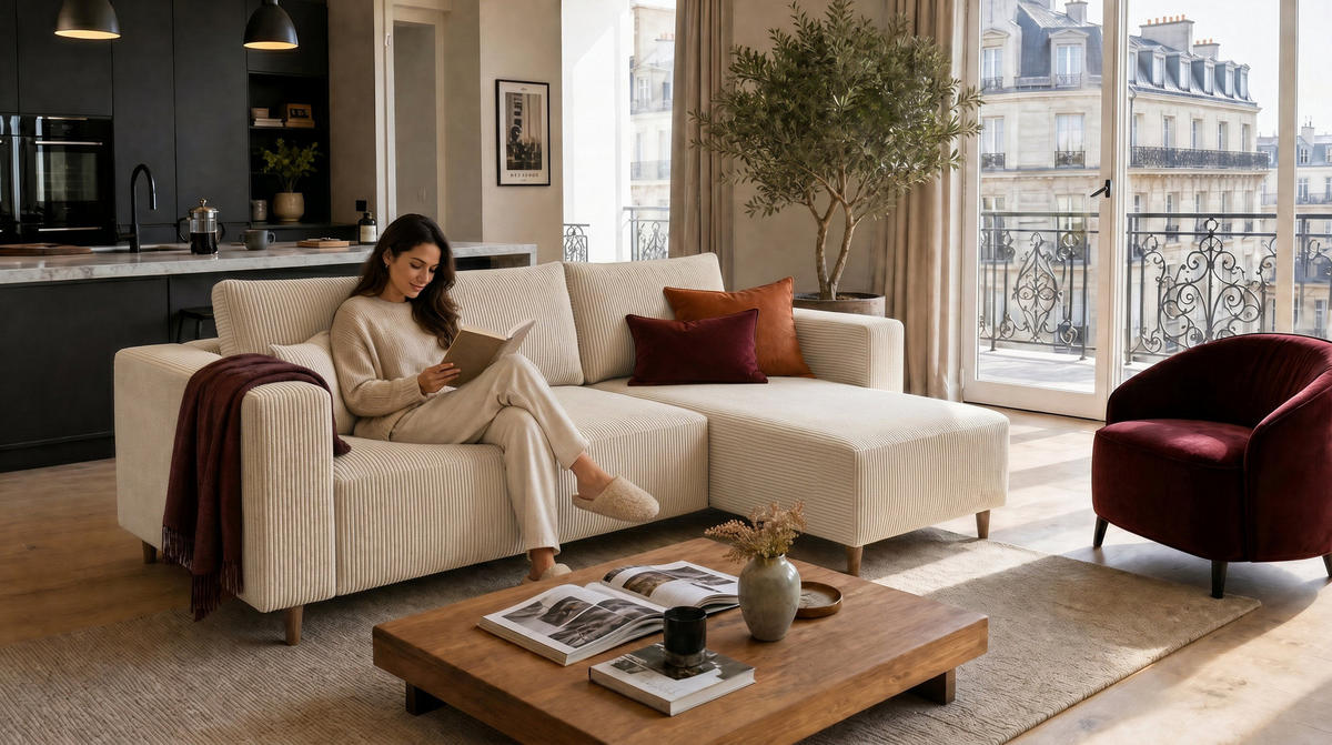 ECKSOFA mit Schlaffunktion und Bettkasten Rio, Ecksofa Cordstoff Creme, Ottomane Universal, 249x142 cm - Creme, Textil (249/142cm) - Marpur