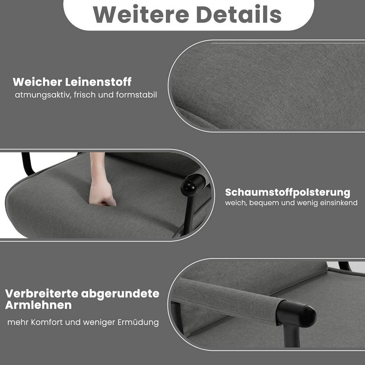 SCHLAFSESSEL 3 in 1, mit Verstellbarer Rückenlehne, Leinen Dunkelgrau - Dunkelgrau/Schwarz, Textil/Metall (65/78/75cm) - Woltu