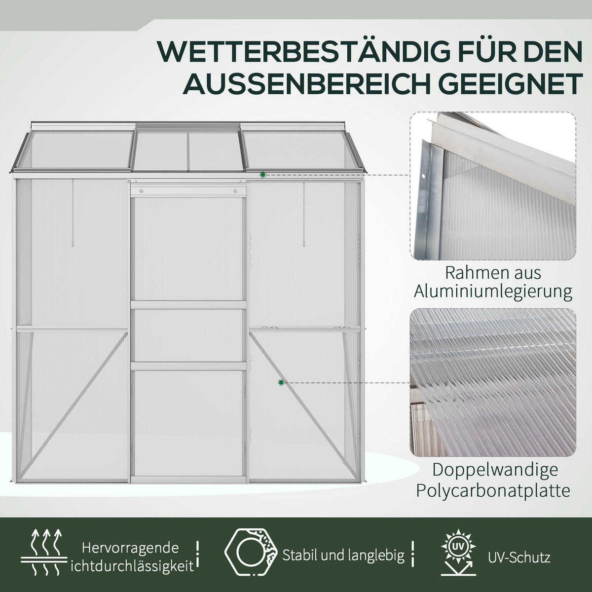FOLIENGEWÄCHSHAUS, Silber, Aluminium, Polycarbonat - Hellgrau, Metall (68/196/192cm) - Outsunny