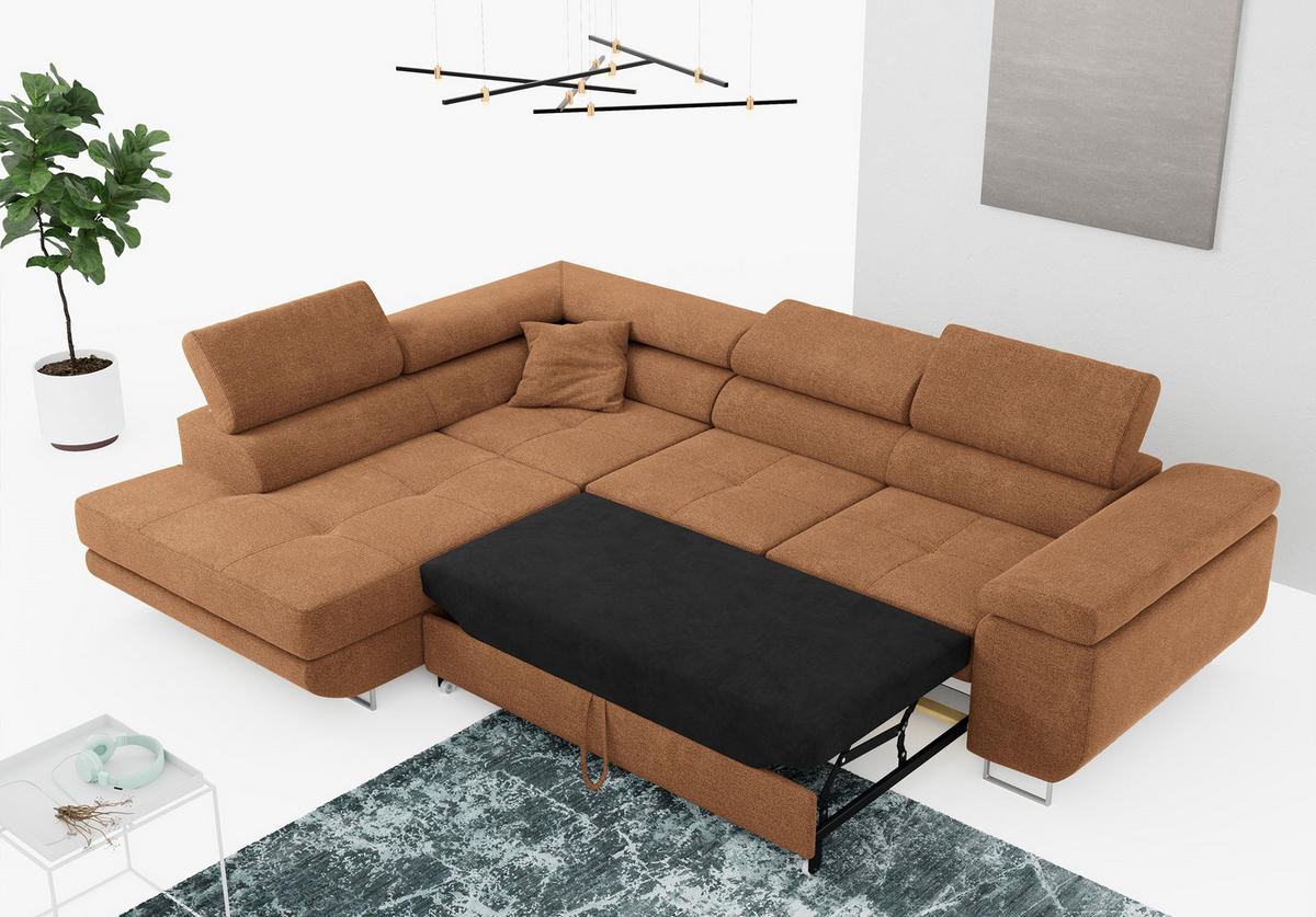 ROHOVÁ SEDAČKA GUSTAW L - Oranžová Strukturovaná látka - Levá Strana - pomerančová/stříbrná, kov/textil (275/205cm) - MKS