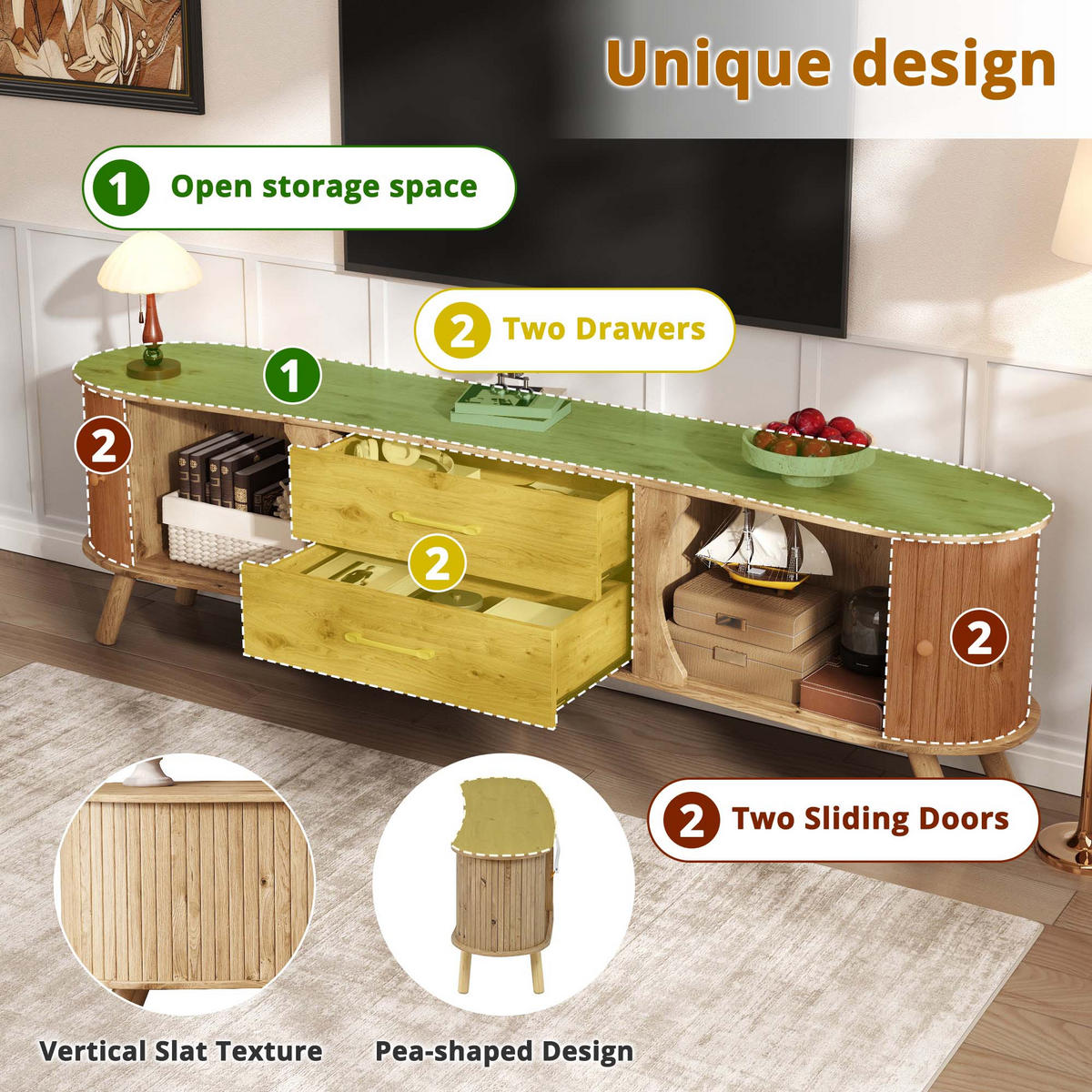 LOWBOARD in Naturfarben TV-Schrank mit Schiebetüren und Schubladen, B170/T40/H55 - Naturfarben, Holzwerkstoff (160/55/36.5cm) - STILVORA
