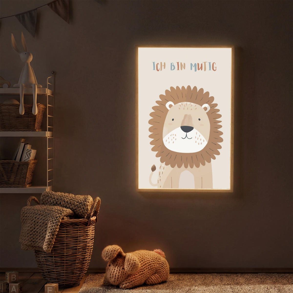 WANDLEUCHTE MIT AKKU Löwe - Beige - Tier - Mutig - Zitat 60x90 cm - Beige, Holzwerkstoff (60/90/8cm) - OnlyWow
