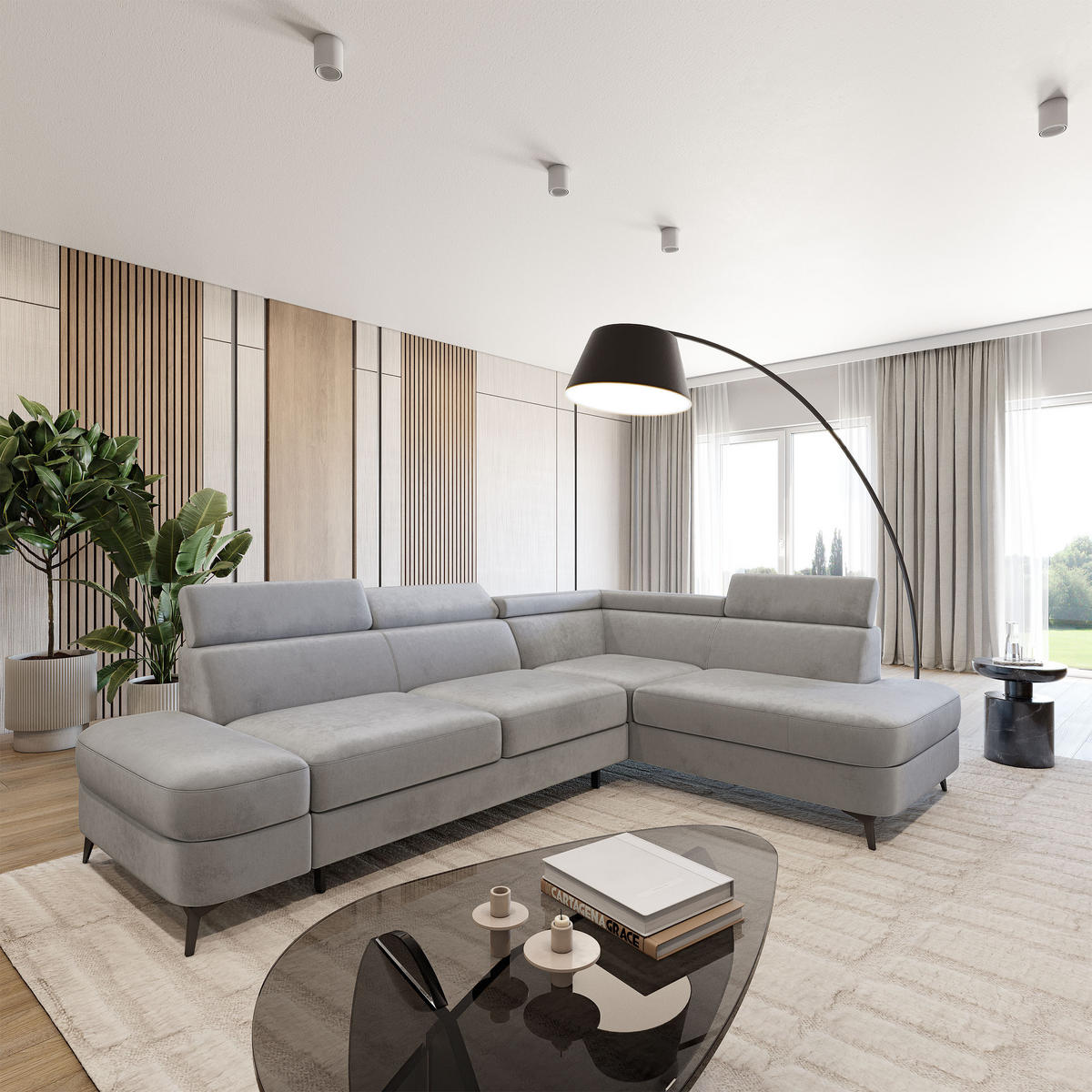 ECKSOFA AVISE M R-S Hellgrau Velours-Stoff mit Schlaffunktion - Hellgrau, Holzwerkstoff/Textil (268/195cm) - MASSENO