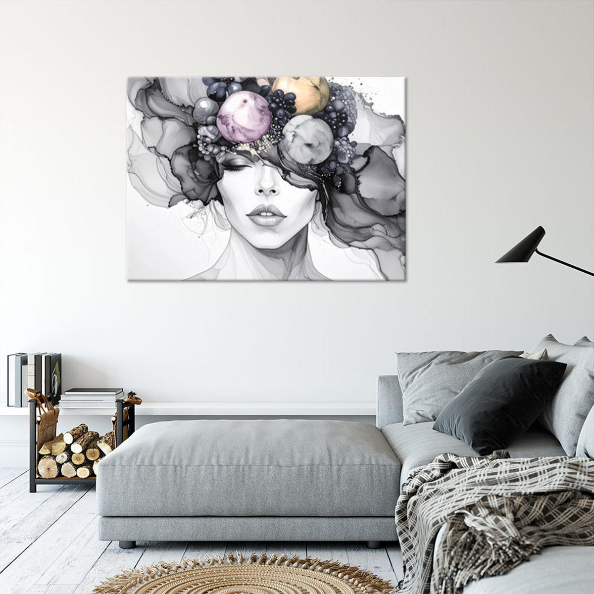 LEINWANDBILD Frau mit Früchten auf dem Kopf 60x40cm - Grau, Textil (60/40cm) - Feeby