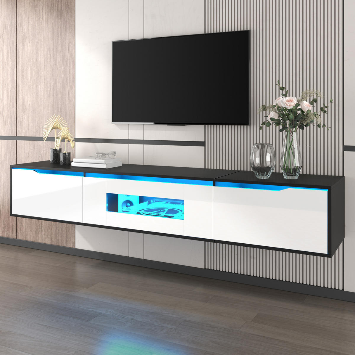 TV-ELEMENT mit LED-Beleuchtung 180 cm Hochglanz Schwarz Weiß - Schwarz, Holzwerkstoff (35/30/180cm) - Beauniv
