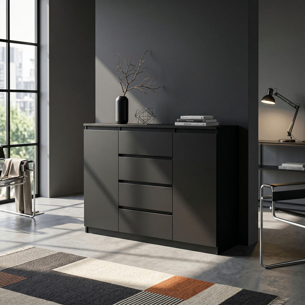 KOMMODE NUDO 120/101,5/39cm mit 4 Schubladen 2 Türen Schwarz - Schwarz, Holzwerkstoff (120/101.5/39cm) - MASSENO