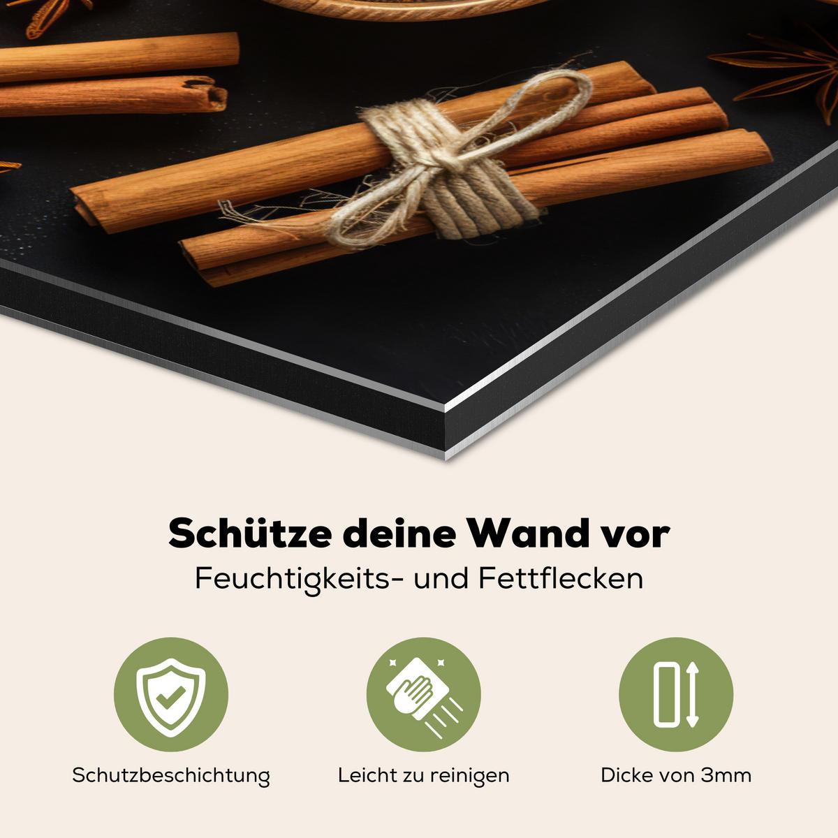 SPRITZSCHUTZ KÜCHE Zimt - Beton - Kaffee - Zimtstangen - Gewürze 60x40 cm - Mokka, Metall (60/0.3/40cm) - MuchoWow